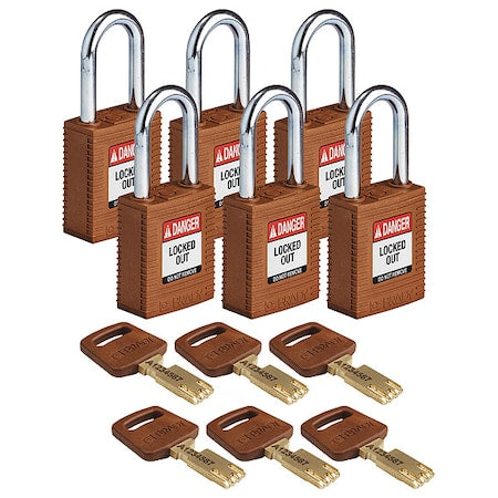 Brady NYL-BRN-38ST-KD6PK - Lockout Padlock, Keyed Different, Nylon, Brown, 1 1/2 in Shackle Height, 1 1/2 in Body Width, 6 PK