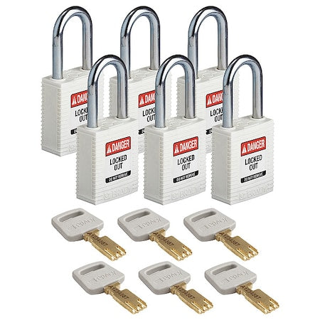 Brady NYL-WHT-38ST-KA6PK - Lockout Padlock, Keyed Alike, Nylon, White, 1 1/2 in Shackle Height, 1 1/2 in Body Width, 6 PK