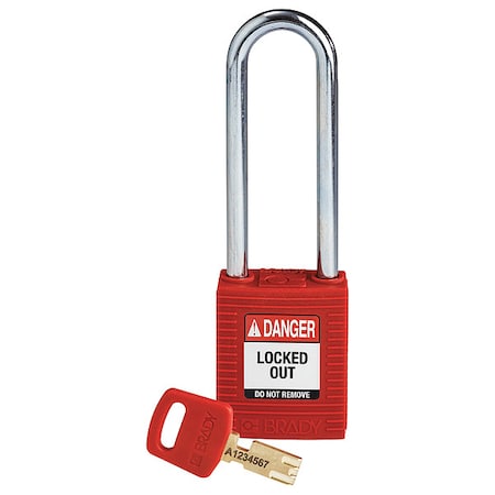 Brady NYL-RED-76ST-KD - Lockout Padlock, Keyed Different, Nylon, Red, 3 in Shackle Height, 1 1/2 in Body Width