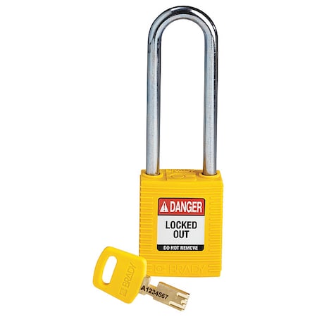 Brady NYL-YLW-76ST-KD - Lockout Padlock, Keyed Different, Nylon, Yellow, 3 in Shackle Height, 1 1/2 in Body Width