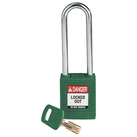 Brady NYL-GRN-76ST-KD - Lockout Padlock, Keyed Different, Nylon, Green, 3 in Shackle Height, 1 1/2 in Body Width