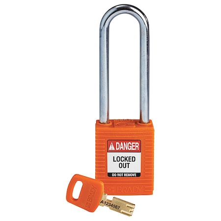 Brady NYL-ORG-76ST-KD - Lockout Padlock, Keyed Different, Nylon, Orange, 3 in Shackle Height, 1 1/2 in Body Width