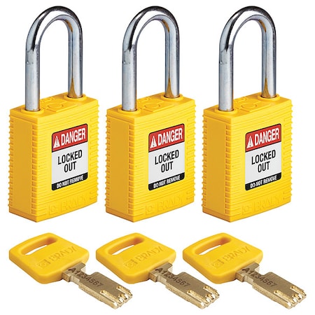 Brady NYL-YLW-38ST-KA3PK - Lockout Padlock, Keyed Alike, Nylon, Yellow, 1 1/2 in Shackle Height, 1 1/2 in Body Width, 3 PK