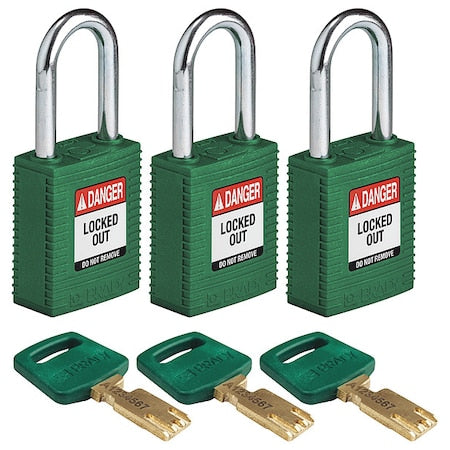 Brady NYL-GRN-38ST-KA3PK - Lockout Padlock, Keyed Alike, Nylon, Green, 1 1/2 in Shackle Height, 1 1/2 in Body Width, 3 PK