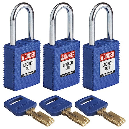 Brady NYL-BLU-38ST-KA3PK - Lockout Padlock, Keyed Alike, Nylon, Blue, 1 1/2 in Shackle Height, 1 1/2 in Body Width, 3 PK