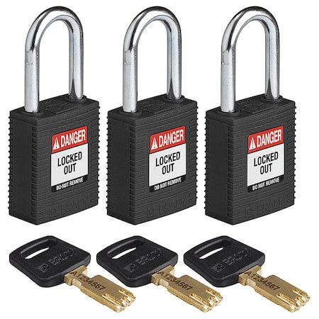 Brady NYL-BLK-38ST-KA3PK - Lockout Padlock, Keyed Alike, Nylon, Black, 1 1/2 in Shackle Height, 1 1/2 in Body Width, 3 PK