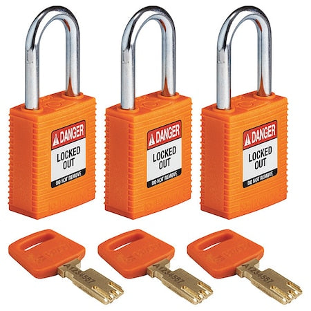 Brady NYL-ORG-38ST-KA3PK - Lockout Padlock, Keyed Alike, Nylon, Orange, 1 1/2 in Shackle Height, 1 1/2 in Body Width, 3 PK