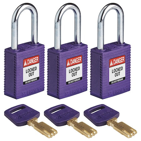 Brady NYL-PRP-38ST-KA3PK - Lockout Padlock, Keyed Alike, Nylon, Purple, 1 1/2 in Shackle Height, 1 1/2 in Body Width, 3 PK