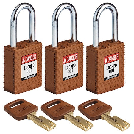 Brady NYL-BRN-38ST-KA3PK - Lockout Padlock, Keyed Alike, Nylon, Brown, 1 1/2 in Shackle Height, 1 1/2 in Body Width, 3 PK