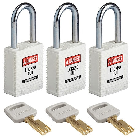 Brady NYL-WHT-38ST-KA3PK - Lockout Padlock, Keyed Alike, Nylon, White, 1 1/2 in Shackle Height, 1 1/2 in Body Width, 3 PK