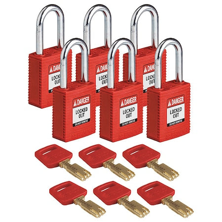 Brady NYL-RED-38ST-KA6PK - Lockout Padlock, Keyed Alike, Nylon, Red, 1 1/2 in Shackle Height, 1 1/2 in Body Width, 6 PK