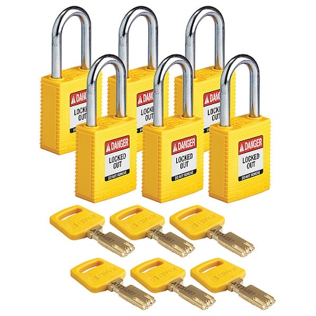 Brady NYL-YLW-38ST-KA6PK - Lockout Padlock, Keyed Alike, Nylon, Yellow, 1 1/2 in Shackle Height, 1 1/2 in Body Width, 6 PK