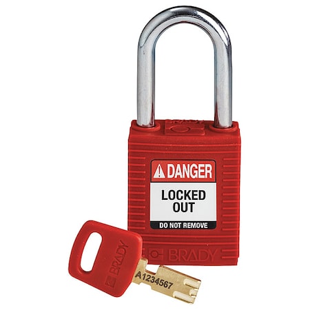 Brady NYL-RED-38ST-KD - Lockout Padlock, Keyed Different, Nylon, Red, 1 1/2 in Shackle Height, 1 1/2 in Body Width