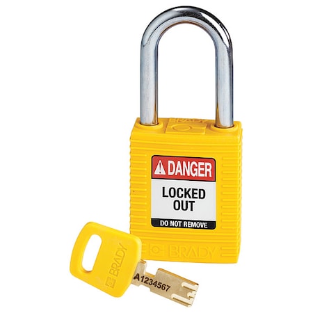 Brady NYL-YLW-38ST-KD - Lockout Padlock, Keyed Different, Nylon, Yellow, 1 1/2 in Shackle Height, 1 1/2 in Body Width