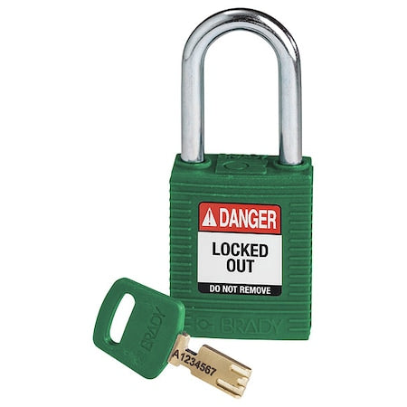 Brady NYL-GRN-38ST-KD - Lockout Padlock, Keyed Different, Nylon, Green, 1 1/2 in Shackle Height, 1 1/2 in Body Width