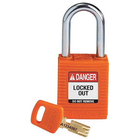 Brady NYL-ORG-38ST-KD - Lockout Padlock, Keyed Different, Nylon, Orange, 1 1/2 in Shackle Height, 1 1/2 in Body Width
