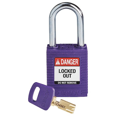 Brady NYL-PRP-38ST-KD - Lockout Padlock, Keyed Different, Nylon, Purple, 1 1/2 in Shackle Height, 1 1/2 in Body Width