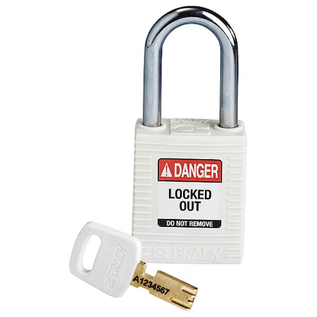 Brady NYL-WHT-38ST-KD - Lockout Padlock, Keyed Different, Nylon, White, 1 1/2 in Shackle Height, 1 1/2 in Body Width