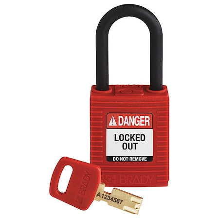 Brady NYL-RED-38PL-KD - Lockout Padlock, Keyed Different, Nylon, Red, 1 1/2 in Shackle Height, 1 1/2 in Body Width