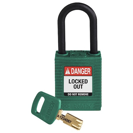 Brady NYL-GRN-38PL-KD - Lockout Padlock, Keyed Different, Nylon, Green, 1 1/2 in Shackle Height, 1 1/2 in Body Width