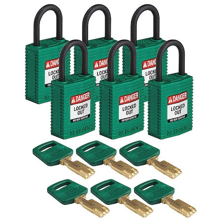 Brady CPT-GRN-25PL-KA6PK - Lockout Padlock, Keyed Alike, Nylon, Green, 1 in Shackle Height, 1 1/4 in Body Width, 6 No. of Keys