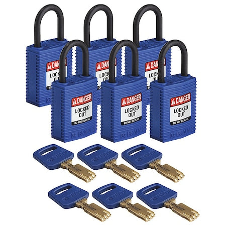 Brady CPT-BLU-25PL-KA6PK - Lockout Padlock, Keyed Alike, Nylon, Blue, 1 in Shackle Height, 1 1/4 in Body Width, 6 No. of Keys