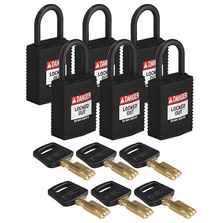 Brady CPT-BLK-25PL-KD6PK - Lockout Padlock, Keyed Different, Nylon, Black, 1 in Shackle Height, 1 1/4 in Body Width, 6 PK