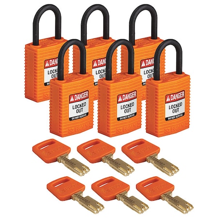 Brady CPT-ORG-25PL-KD6PK - Lockout Padlock, Keyed Different, Nylon, Orange, 1 in Shackle Height, 1 1/4 in Body Width, 6 PK