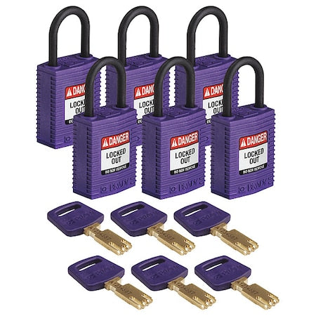 Brady CPT-PRP-25PL-KD6PK - Lockout Padlock, Keyed Different, Nylon, Purple, 1 in Shackle Height, 1 1/4 in Body Width, 6 PK