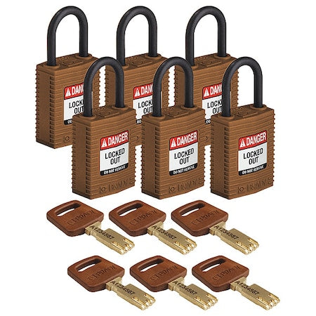 Brady CPT-BRN-25PL-KA6PK - Lockout Padlock, Keyed Alike, Nylon, Brown, 1 in Shackle Height, 1 1/4 in Body Width, 6 No. of Keys