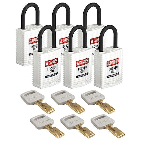Brady CPT-WHT-25PL-KD6PK - Lockout Padlock, Keyed Different, Nylon, White, 1 in Shackle Height, 1 1/4 in Body Width, 6 PK