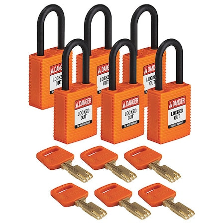 Brady NYL-ORG-38PL-KA6PK - Lockout Padlock, Keyed Alike, Nylon, Orange, 1 1/2 in Shackle Height, 1 1/2 in Body Width, 6 PK