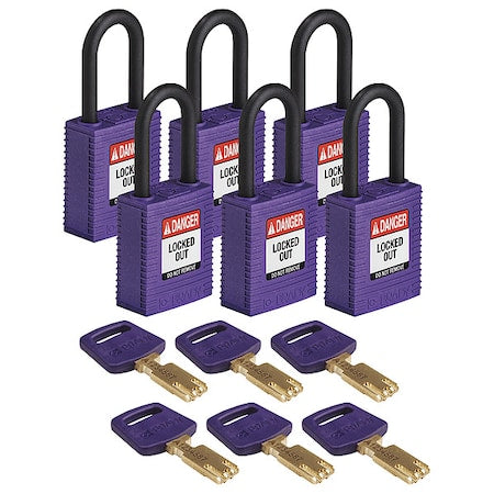 Brady NYL-PRP-38PL-KA6PK - Lockout Padlock, Keyed Alike, Nylon, Purple, 1 1/2 in Shackle Height, 1 1/2 in Body Width, 6 PK