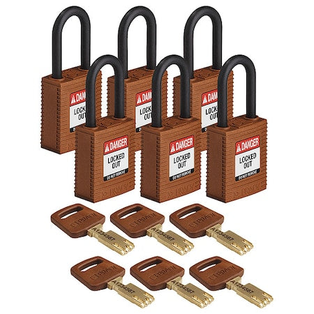 Brady NYL-BRN-38PL-KD6PK - Lockout Padlock, Keyed Different, Nylon, Brown, 1 1/2 in Shackle Height, 1 1/2 in Body Width, 6 PK