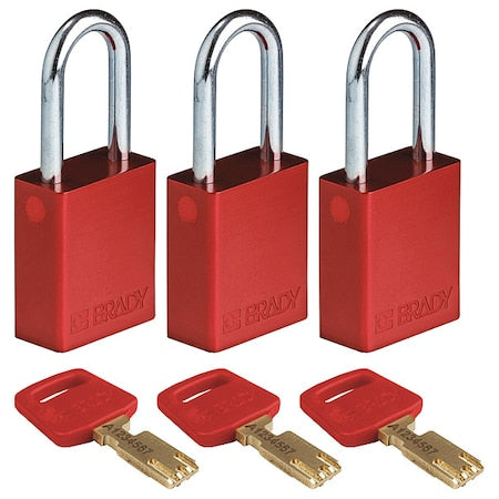 Brady ALU-RED-38ST-KA3PK - Lockout Padlock, Keyed Alike, Aluminum, Red, 1 1/2 in Shackle Height, 1 1/2 in Body Width, 3 PK