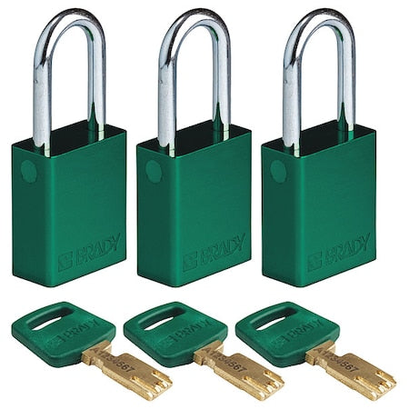 Brady ALU-GRN-38ST-KA3PK - Lockout Padlock, Keyed Alike, Aluminum, Green, 1 1/2 in Shackle Height, 1 1/2 in Body Width, 3 PK
