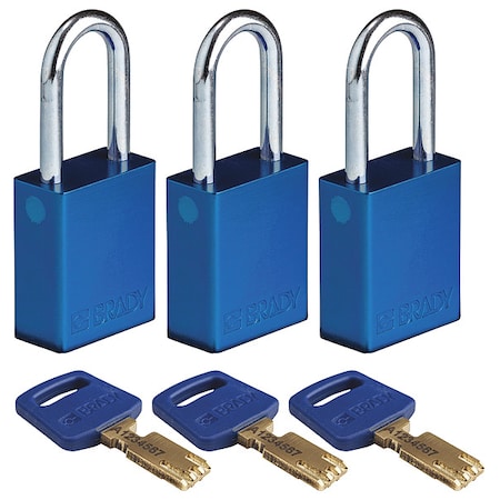 Brady ALU-BLU-38ST-KA3PK - Lockout Padlock, Keyed Alike, Aluminum, Blue, 1 1/2 in Shackle Height, 1 1/2 in Body Width, 3 PK