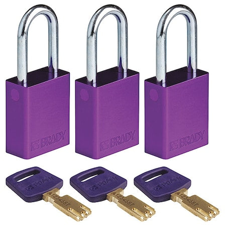Brady ALU-PRP-38ST-KA3PK - Lockout Padlock, Keyed Alike, Aluminum, Purple, 1 1/2 in Shackle Height, 1 1/2 in Body Width, 3 PK