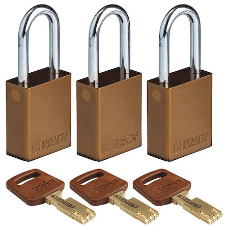Brady ALU-BRN-38ST-KA3PK - Lockout Padlock, Keyed Alike, Aluminum, Brown, 1 1/2 in Shackle Height, 1 1/2 in Body Width, 3 PK