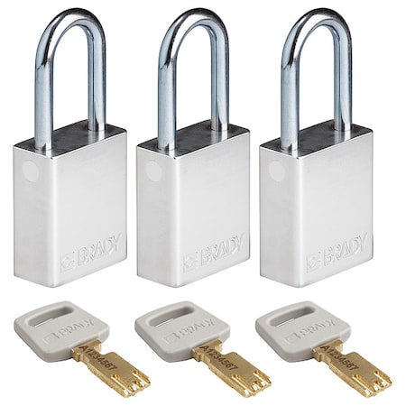Brady ALU-SLV-38ST-KA3PK - Lockout Padlock, Keyed Alike, Aluminum, Silver, 1 1/2 in Shackle Height, 1 1/2 in Body Width, 3 PK