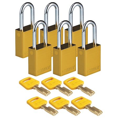 Brady ALU-YLW-38ST-KA6PK - Lockout Padlock, Keyed Alike, Aluminum, Yellow, 1 1/2 in Shackle Height, 1 1/2 in Body Width, 6 PK
