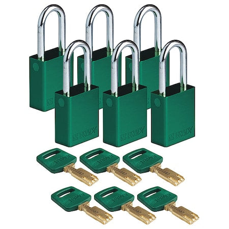 Brady ALU-GRN-38ST-KA6PK - Lockout Padlock, Keyed Alike, Aluminum, Green, 1 1/2 in Shackle Height, 1 1/2 in Body Width, 6 PK