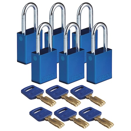 Brady ALU-BLU-38ST-KA6PK - Lockout Padlock, Keyed Alike, Aluminum, Blue, 1 1/2 in Shackle Height, 1 1/2 in Body Width, 6 PK