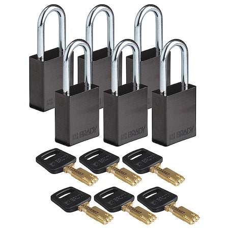 Brady ALU-BLK-38ST-KD6PK - Lockout Padlock, Keyed Different, Aluminum, Black, 1 1/2 in Shackle Height, 1 1/2 in Body Width