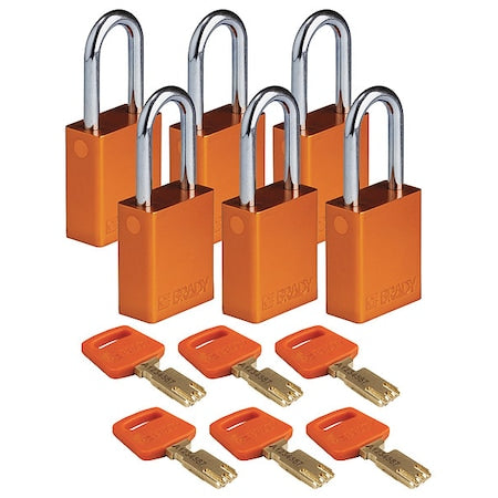 Brady ALU-ORG-38ST-KD6PK - Lockout Padlock, Keyed Different, Aluminum, Orange, 1 1/2 in Shackle Height, 1 1/2 in Body Width