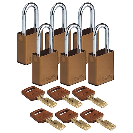 Brady ALU-BRN-38ST-KA6PK - Lockout Padlock, Keyed Alike, Aluminum, Brown, 1 1/2 in Shackle Height, 1 1/2 in Body Width, 6 PK