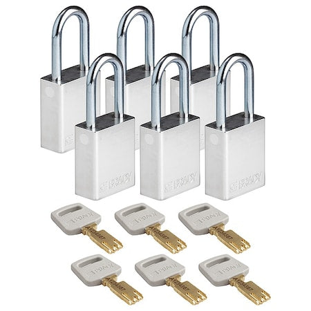 Brady ALU-SLV-38ST-KA6PK - Lockout Padlock, Keyed Alike, Aluminum, Silver, 1 1/2 in Shackle Height, 1 1/2 in Body Width, 6 PK