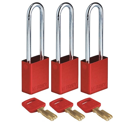 Brady ALU-RED-76ST-KA3PK - Lockout Padlock, Keyed Alike, Aluminum, Red, 3 in Shackle Height, 1 1/2 in Body Width, 3 PK