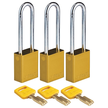 Brady ALU-YLW-76ST-KA3PK - Lockout Padlock, Keyed Alike, Aluminum, Yellow, 3 in Shackle Height, 1 1/2 in Body Width, 3 PK