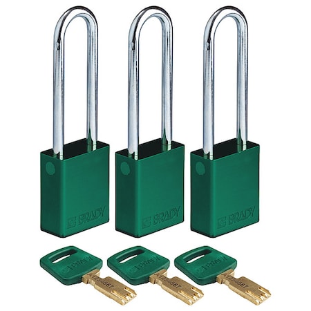 Brady ALU-GRN-76ST-KA3PK - Lockout Padlock, Keyed Alike, Aluminum, Green, 3 in Shackle Height, 1 1/2 in Body Width, 3 PK